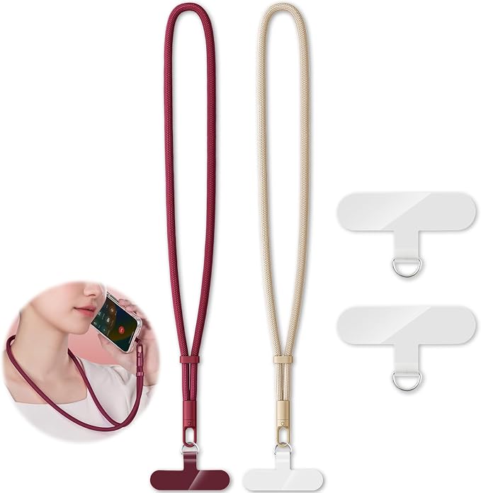 KITANIS 2 Pack Phone Lanyard,2×Phone Neck Strap,4×Tether Tabs,Universal Cell Phone Multifuctional Patch Polyester Lanyards,Cell Phone Lanyards for Women and Men(wine+light camel)