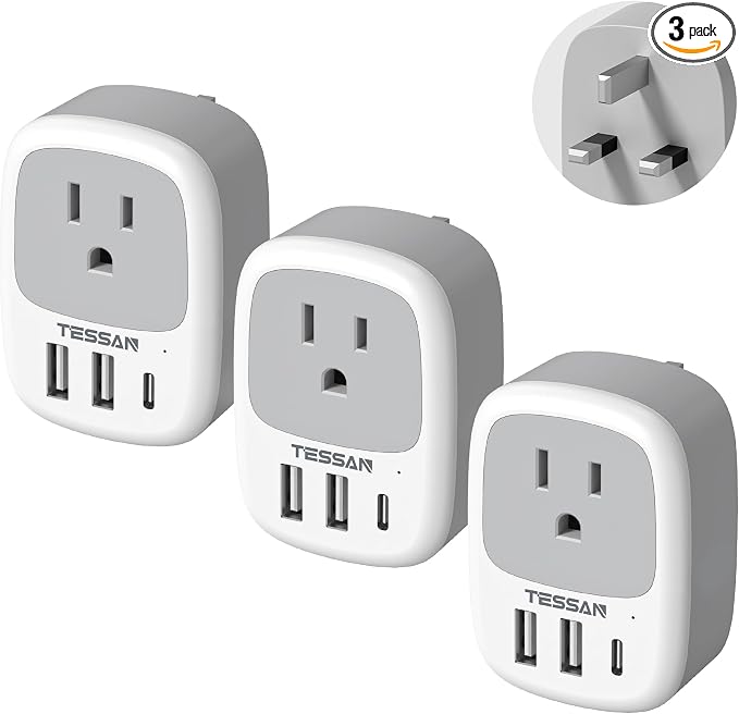 TESSAN US to UK Plug Adapter, Type‑G Adaptor 3‑Pack | 3 USB Ports (1 USB‑C), for Ireland Scotland Dubai Hong Kong Kenya London England