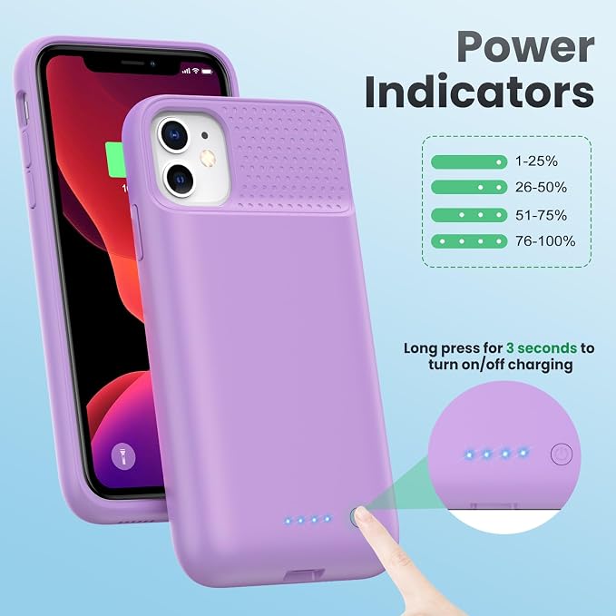 Feob Battery Case for iPhone 11/XR, [2026 Upgraded] 7500mAh Slim Portable Smart Charging Case Rechargeable Protective Extended Charging Cover for iPhone 11/XR-Purple