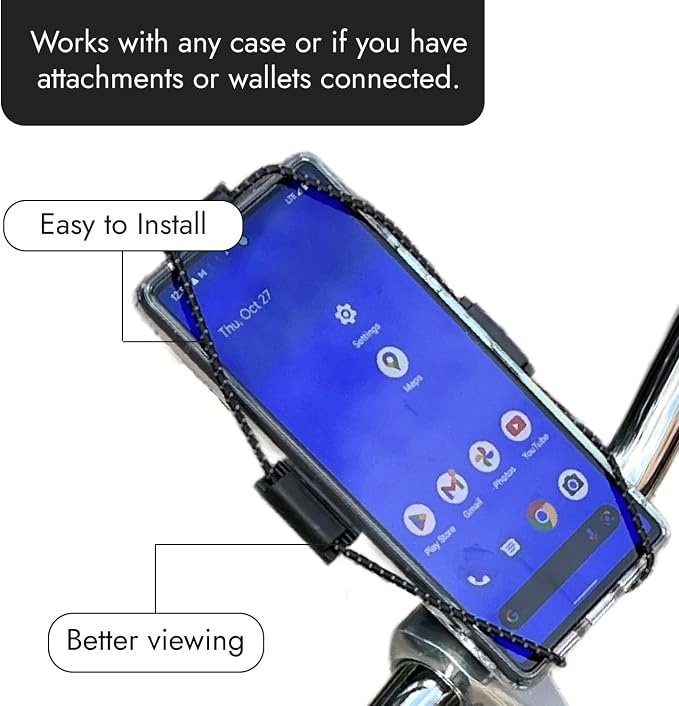 BiKase ElastoKASE Universal Bike Phone Mount, Flexible Rubber Handlebar Holder for Smartphones, Secure Shock Cord Grip, Fits iPhone & Samsung Galaxy, Ideal for E-Bikes