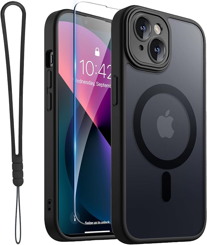 ROYBENS for iPhone 13 Matte Clear Case Compatible with Magsafe, Full Camera Lens Protection, Screen Protector, Wrist Strap, Translucent Magnetic Slim Hard Protective Phone Cover,6.1-Inch, Black