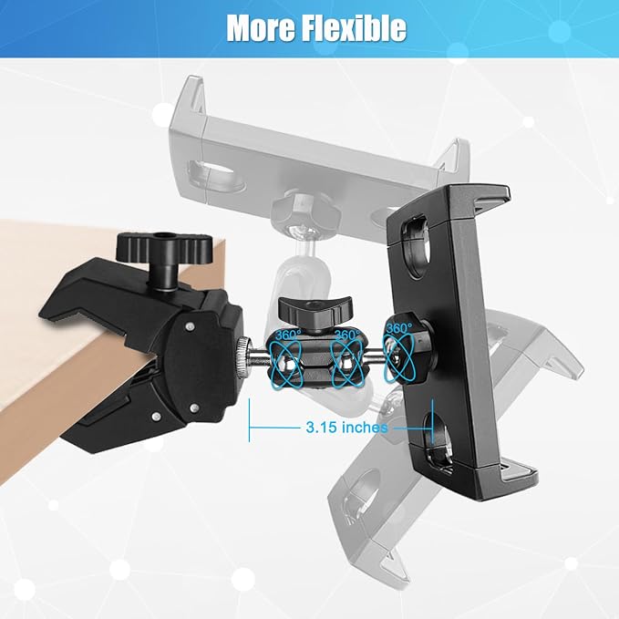Mic Stand Tablet Holder, 360° Swivel iPad Mic Stand Holder Phone iPad Holder for Mic Stand/ Treadmill/ Spin Bike/ Peloton Exercise Bike Handlebar Mount, Fits 4-12.9" iPad, iPhone, Android Smartphones