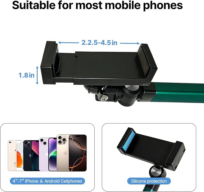 Overhead Phone Mount with Light, Cell Phone Stand for Video Recording, 360 Degrees Swivel Tilt Adjustable Floor Camera Filming Tripod. Content Creator Phone Holder, for iPhone/Android (L11)
