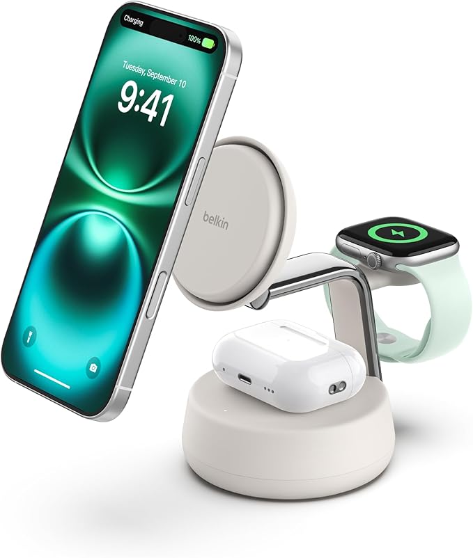 Belkin MagSafe Charger Compatible, 3-in-1 Charging Station, Qi2.2 25W w/Cooling Fan (On/Off Control) Magnetic Wireless Charger for iPhone 17, Apple Watch, AirPods, Pixel 10 (45W Adapter Included)