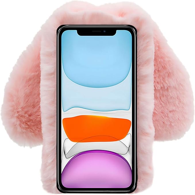 Rabbit Ear Case for iPhone 14 Pro Max 6.7, Crossbody Strap Case Fuzzy Fluffy Cute Women Girls Kids Plush Ball Bunny Fur Phone Case Shockproof Silicone Bumper Protective Cover,Pink