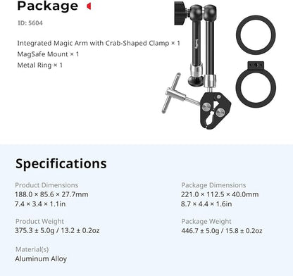 SmallRig Magic Arm Clamp w/ 1/4" Screw, Phone Mount for Magsafe & Magnetic Adapter Ring, 11 Inches Integrated Magic Arm for iPhone, for Android, for Action Cameras/LCD Monitor/LED Lights - 5604