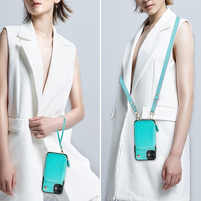 Bocasal Crossbody Wallet Case for iPhone 11, RFID Blocking Leather Purse Case with Card Holder, Protective Handbag Flip Cover with Zipper Wrist Strap Lanyard for Women 6.1 Inch (Mint Green)
