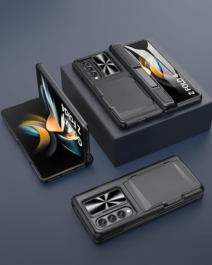 Viaotaily for Galaxy Z Fold 4 Case with Card Holder & Kickstand & Screen Protector, [2023 Upgrade] Slide Camera Lens Cover & Hinge Protection Wallet Phone Case for Galaxy Z Fold 4 2022, Black
