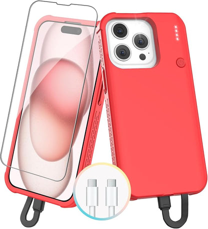 GIN FOXI Battery Case for iPhone 15 Pro Max/15 Plus, Rechargeable Charging Case 8000mAh 15W Ultra Slim Portable Extended Power Bank Case Cover Juice Box Built-in Cable, Red(6.7”)