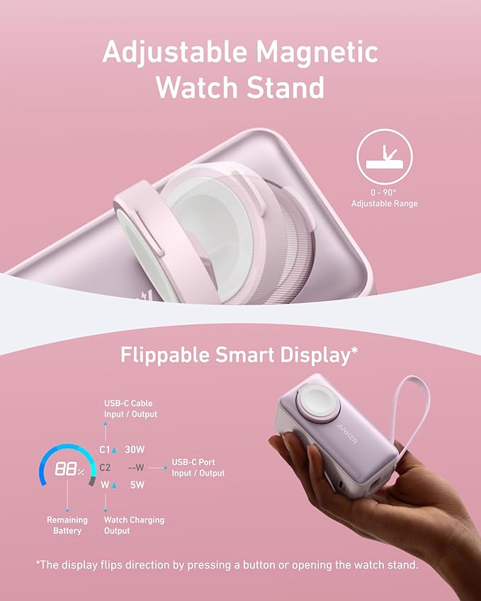 Anker MagGo Power Bank for Apple Watch, Officially Certified 10,000mAh Compact Battery Pack with Built-in USB-C Cable, 35W Max, for iPhone 15 Series, Samsung, iPad, AirPods, and More(Pink)