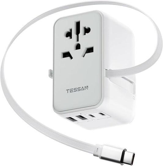TESSAN Universal Travel Adapter PD 35W GaN | Built-in Retractable USB C Cable, 6 in 1 Worldwide, 4 USB Ports, US to Europe UK AUS, Type C G A I