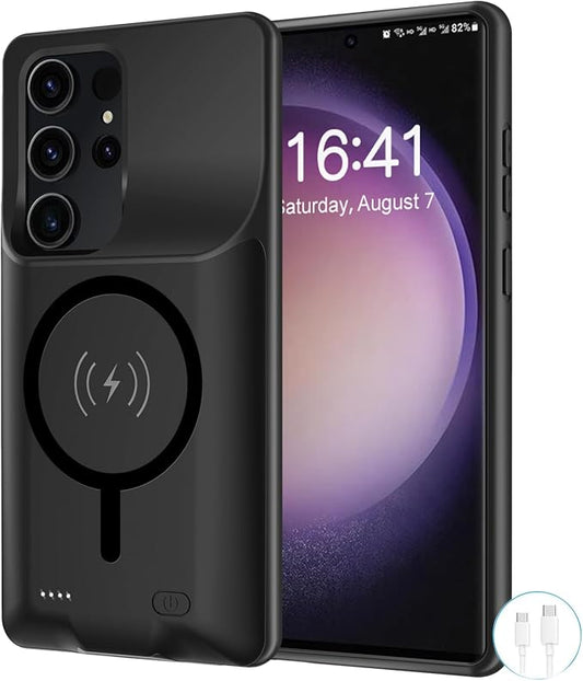 Battery Case for Galaxy S22 Ultra/S23 Ultra, 12000mAh Extended Portable Protective Case Backup Power Bank Wireless Charger Case-Black