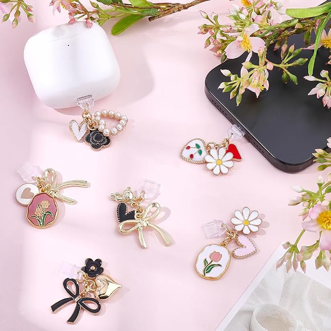 6Pcs 6 Styles Charms for Kindle Heart Bow Flower Design Dust Plug Charm Compatible with Kindle E-Reader Phone Type C Charging Ports Gifts for Book Lover Readers Men Women