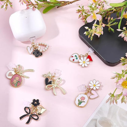 6Pcs 6 Styles Charms for Kindle Heart Bow Flower Design Dust Plug Charm Compatible with Kindle E-Reader Phone Type C Charging Ports Gifts for Book Lover Readers Men Women
