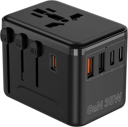 CC Store Universal Travel Adapter,European Travel Plug Adapter with 3 USB-C(35W) ＆ 2 USB-A Ports(Not a Voltage Converter) – for USA, UK, EU, AU ＆ 224+ Countries Black
