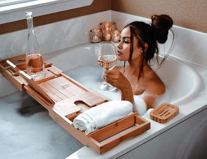 3-in-1 Premium Bathtub Caddy, Laptop Desk & Bed Tray with Extendable Arms and Adjustable Legs - Includes a Free Soap Dish, Two Spa Trays and Tablet/Wine Glass/Candle/Phone Holders - Natural Bamboo