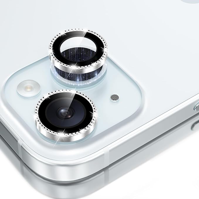 GolbinBox Camera Lens Protector for iPhone 15/15 Plus, 1:1 Invisible Fit, 9H Tempered Glass Ultra HD Metal Individual Camera Cover for Women, Case Friendly, Bling/Silver