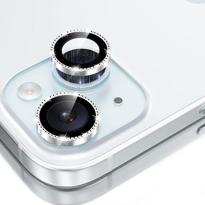 GolbinBox Camera Lens Protector for iPhone 15/15 Plus, 1:1 Invisible Fit, 9H Tempered Glass Ultra HD Metal Individual Camera Cover for Women, Case Friendly, Bling/Silver