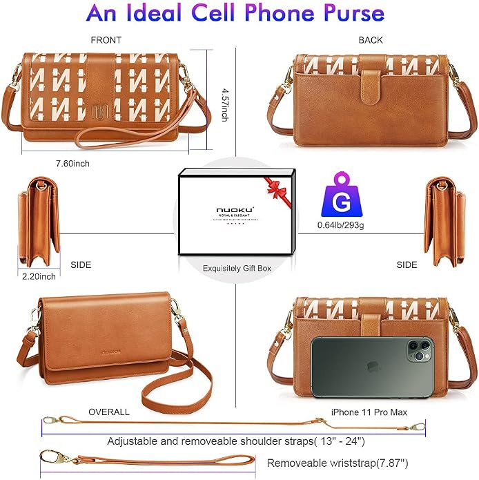 nuoku Women Small Crossbody Bag Cellphone Purse Wallet with RFID Card Slots 2 Straps Wristlet