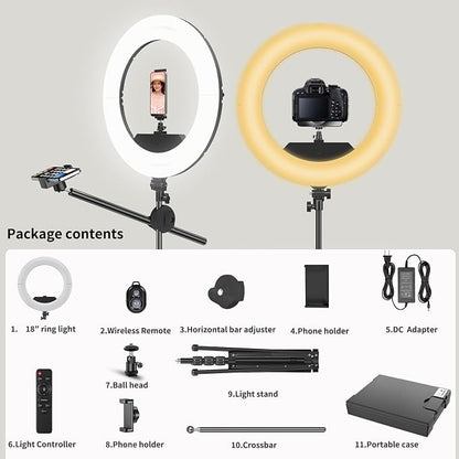 55W18 45cm Ring Light Kit [New Version] 6700K Dimmable LEDRinglightTripod Stand Dual Phone Holder for iPhone Selfie Makeup LashTattoo Studio Lighting Painting,Photo Video Recording (Brown)