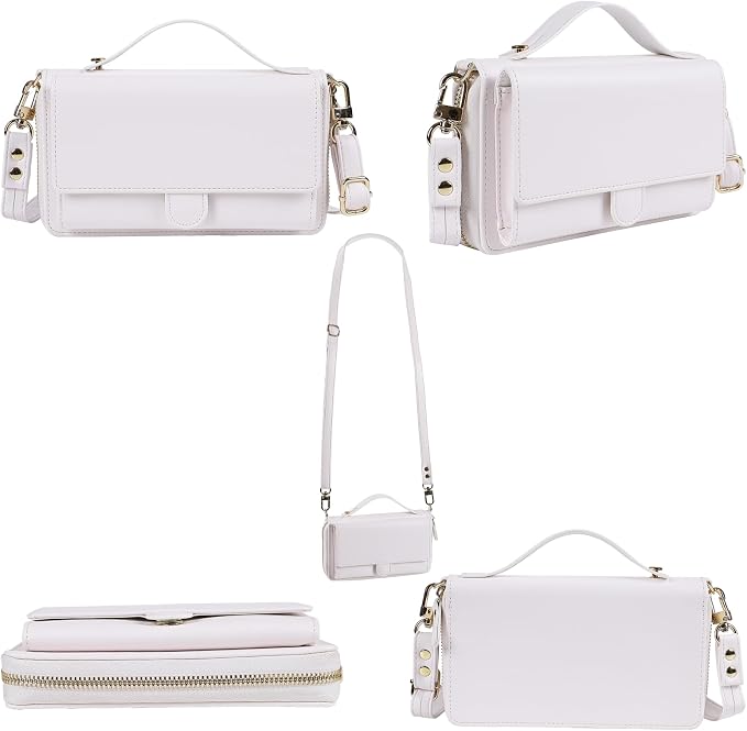 Lacass for iPhone 16 Pro Max Detachable Crossbody Wallet Case, Compatible with MagSafe Magnetic 2 in 1 RFID Blocking PU Leather Wallet Cover Card Holder Zipper Make Up Mirror (White)