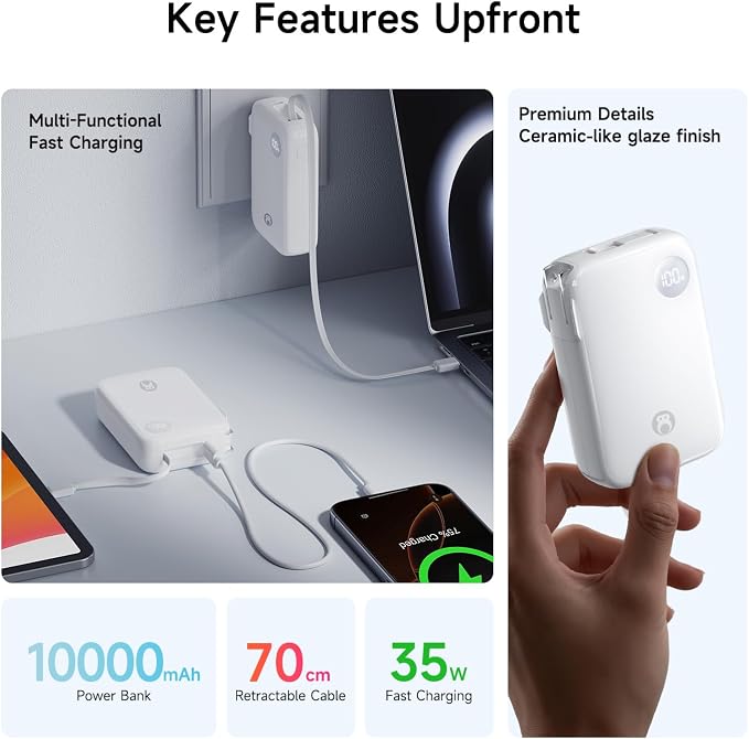 HOU 3 in 1 Portable Power Bank 10000mAh, 35W PD Fast Charging, Retractable USB-C Cable, Foldable Wall Plug, Dual Device Charging, FCC&UL Certified, Compatible with iPhone 17 Pro Max, Samsung, iPad