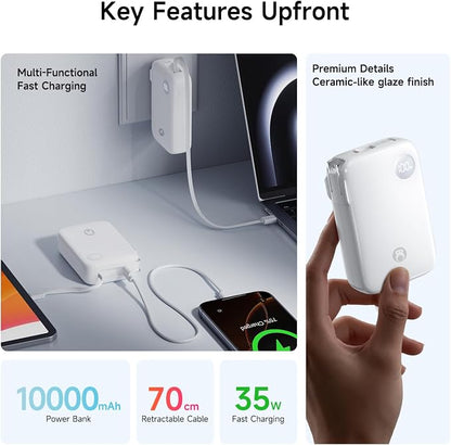HOU 3 in 1 Portable Power Bank 10000mAh, 35W PD Fast Charging, Retractable USB-C Cable, Foldable Wall Plug, Dual Device Charging, FCC&UL Certified, Compatible with iPhone 17 Pro Max, Samsung, iPad