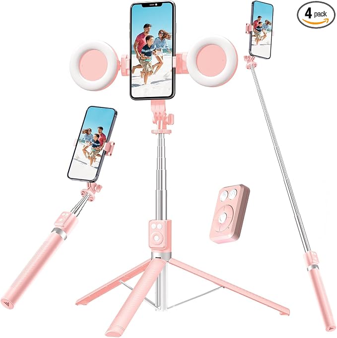 Selfie Stick Tripod with Fill Light, Phone Selfie Stick,Durable Stainless Steel Design,Bluetooth Remote Control,and Stable Three-Legged Support for Live Broadcasts,Video Shooting (Pink)