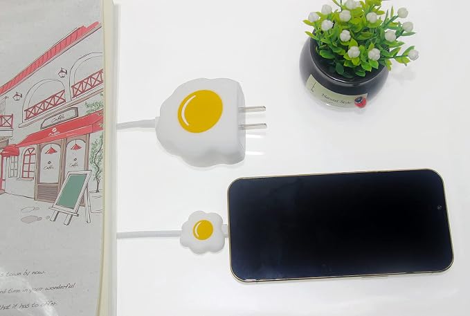 3D Cute Cartoon Charger Protector Case - Compatible for Apple 20W USB-C Power Adapter and Lightning Cable (White Yolk)