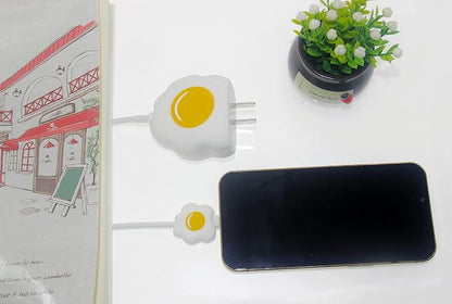 3D Cute Cartoon Charger Protector Case - Compatible for Apple 20W USB-C Power Adapter and Lightning Cable (White Yolk)