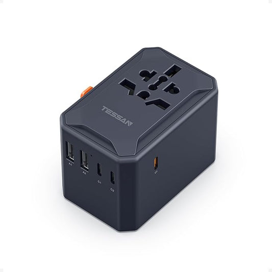 TESSAN Universal Travel Adapter, GaN 65W, Black | International Power Adapter, 5 USB Ports (3 USB C), Worldwide Plug Adaptor