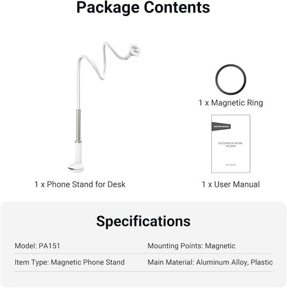 NEEWER Basics Magnetic Phone Stand for Desk, 360° Overhead Table Cellphone Holder Clamp Mount with Flexible Arm, Compatible with MagSafe iPhone Android Samsung for Bed Video Recording, PA151 White