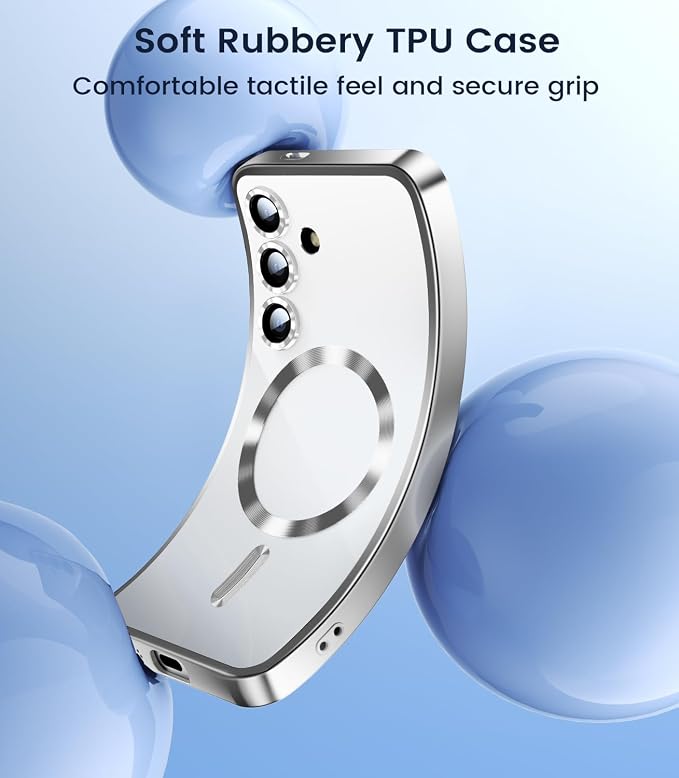 Slim Thin for Samsung Galaxy S25 Case 6.2'', Compatible with MagSafe, Built-in Camera Lens Protector, Shockproof Protective Phone Case, Soft Electroplated Clear Phone Cover, Silver