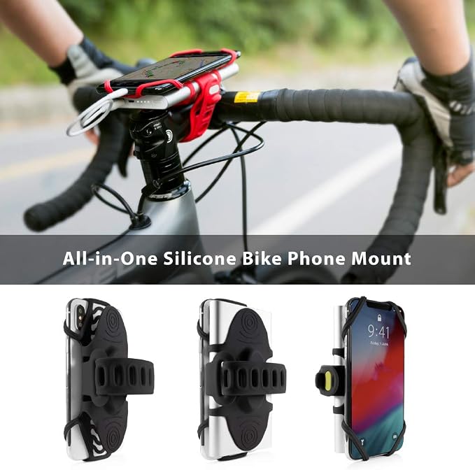 Bone Bike Tie Pro Pack 1, Bike Cell Phone + Charger Mount for Stem, Scratch-Free Silicone Holder, Universal Cycling Phone + Power Bank Holder Compatible with Most Smartphone (Black - 2-in-1 Mount)