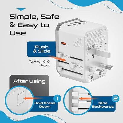 Ceptics 45W Universal Power Adapter w/ 3 USB-C, 2 USB-A & Universal Input | Travel Adapter Worldwide for USA, EU, UK, AU & more, Type A, C, G & I Plugs, PD 45W USB-C Universal Adapter, 6 in 1 design