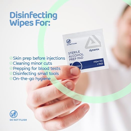 Dynarex DynaSafety Sterile Alcohol Prep Pads - Medium - 70% Isopropyl Alcohol, Individually Wrapped, Soft Cleaning Wipes - Box of 50