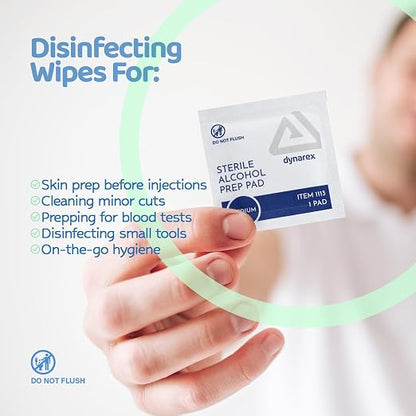 Dynarex DynaSafety Sterile Alcohol Prep Pads - Medium - 70% Isopropyl Alcohol, Individually Wrapped, Soft Cleaning Wipes - Box of 50