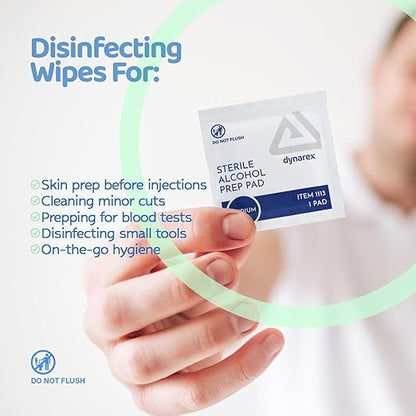 Dynarex DynaSafety Sterile Alcohol Prep Pads - Medium - 70% Isopropyl Alcohol, Individually Wrapped, Soft Cleaning Wipes - Case of 100 Boxes, 10 per Box