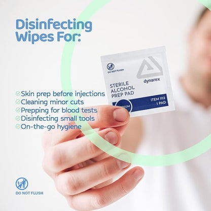 Dynarex DynaSafety Sterile Alcohol Prep Pads - Medium - 70% Isopropyl Alcohol, Individually Wrapped, Soft Cleaning Wipes - 100 per Box
