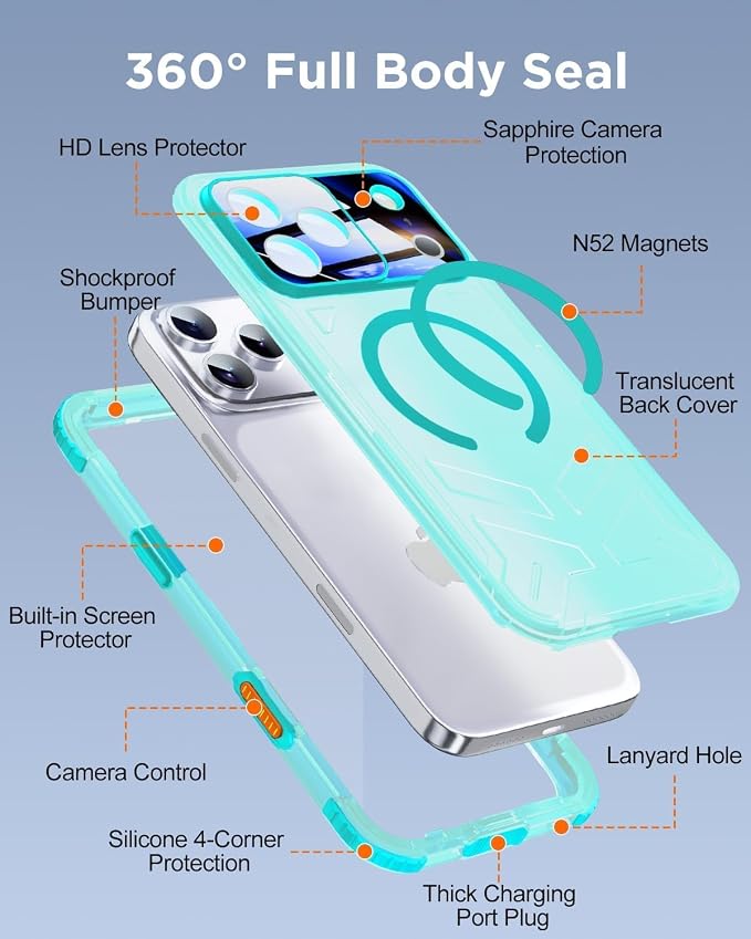 for iPhone 17 Pro Waterproof Case with Magsafe, Built-in [Camera & Screen Protector] [Lanyard], IP68 Water Proof Full Body Dustproof Heavy Duty Frosted Protective Phone Cover, 6.3" Teal