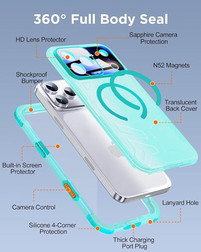 for iPhone 17 Pro Waterproof Case with Magsafe, Built-in [Camera & Screen Protector] [Lanyard], IP68 Water Proof Full Body Dustproof Heavy Duty Frosted Protective Phone Cover, 6.3" Teal