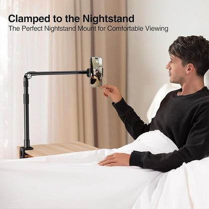 elitehood Aluminum Arm Phone Holder for Bed [360° Swivel Tilt Rotation], Adjustable Bedside Phone Holder Laying Down, iPhone Stand for Bed Desk Overhead, iPhone Clamp Mount Fit All 4-7’’ Cellphone