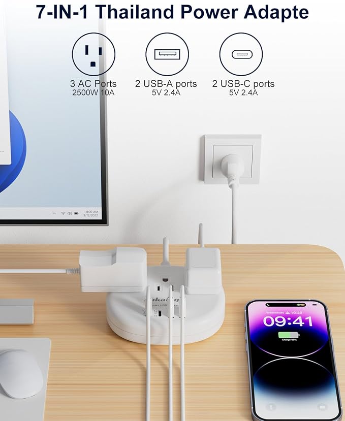 Thailand Power Adapter, Thailand Extension Cord 4FT | Thailand Plug Adapter with 3 American Outlets 4 USB Ports (2 USB-C) Total 24W, Type O Plug Adapter for USA to Thailand