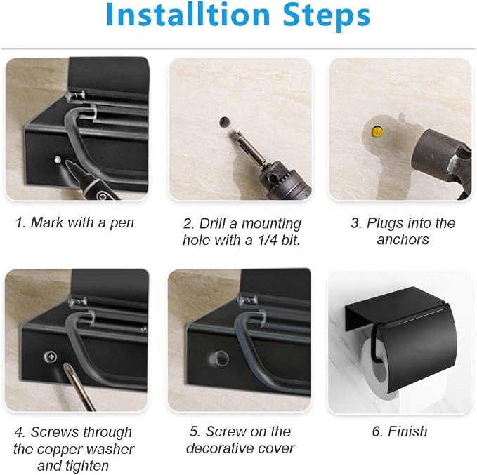 Matte Black Toilet Paper Holder Wall Mounted with Phone Shelf, Universal Modern Toilet Tissue Holder fit Mega Roll Toilet Paper, Cat Proof Toilet Paper Holder Bathroom Metal Aluminum Covered TP Holder
