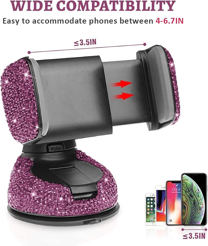 eing Car Phone Mount Cell Phone Holder with One More Air Vent Base,Bling Crystal Universal Phone Mount Holder Cradle for Dashboard,Windshield and Air Vent,Purple