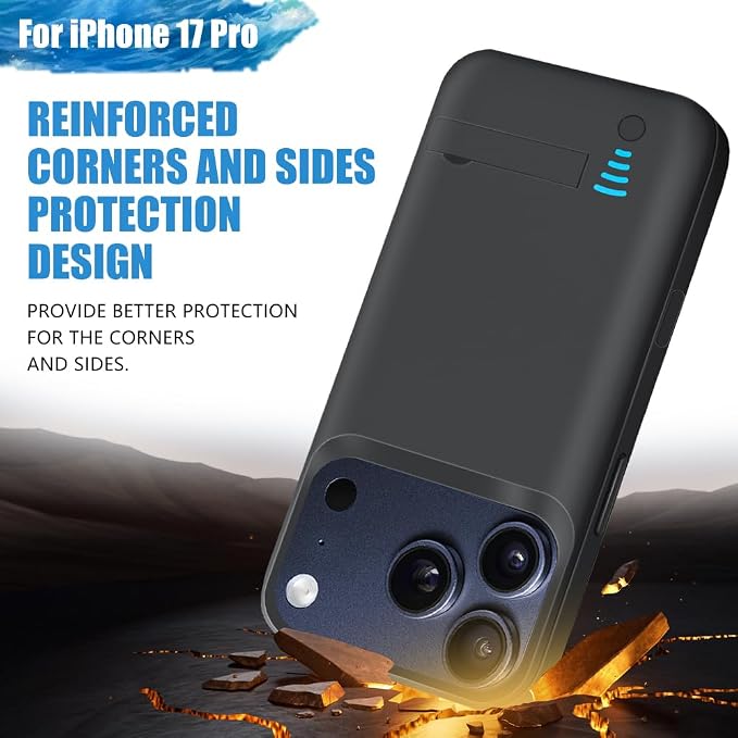 Battery Case for iPhone 17 Pro, 5000mAh Rechargeable Extended Battery Charging/Charger Case, Add 100% Extra Juice (6.3 Inches) Black