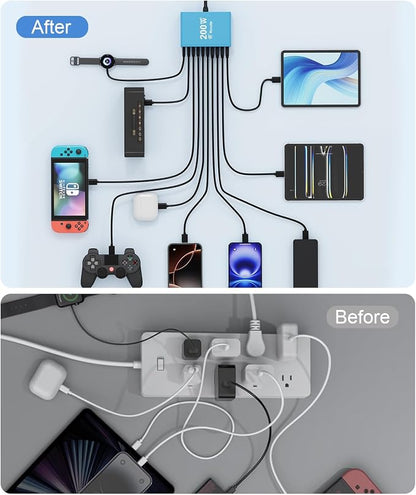 USB C Charging Station 10 Port with 4 Cables,200W GaN Type C Charger Block | Wall Charger Power Strip Adapter Plug for iPad iPhone17 16 15 14 13 12 Pro Max Pixel Note Galaxy Blue