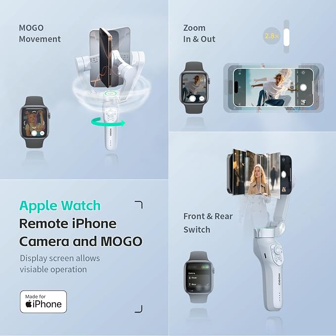 COMITOK Only for iPhone, MOGO [Apple MFi Certified] Gimbal Stabilizer for iPhone Stabilizer for Video Recording, Native Camera Control by Remote & Apple Watch, Background Mode Tracking in iOS26