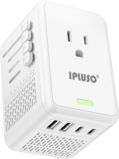 Converter for European Travel with AC Socket, 2 USB C & 2 USB A Ports | Specially for Hair Dryers, Compact Voltage Converter US to Europe, 220v to 110v Voltage Converter