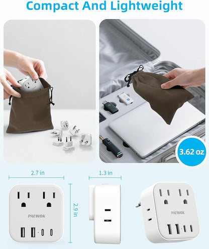 European Travel Plug Adapter Set, 8-in-1 Travel Adapter with 4 Outlets | Universal Travel Adapter, Type C/G/D/L/A/I Detachable Plugs, 4 USB Ports (2 USB C), US to UK/EU, International Power Adapter